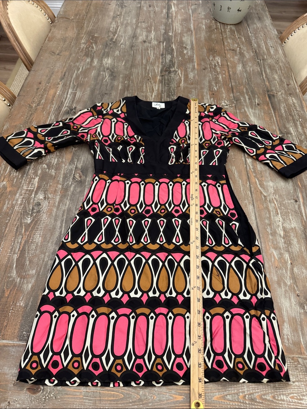 Milly of New York Black, Pink & Tan Patterned V-Neck Dress